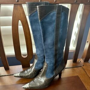 Stylish Blue and Brown Suede & Leather Heeled Boots